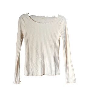 NWT MADEWELL Boatneck Ribbed Ruffle Hem Long Sleeve T-Shirt Cream - S